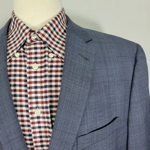 Egara Men's Sport Coat Blazer Two Button Navy Blue Plaid Wool Polyester Slim 50L
